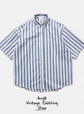Ang2 Stu 经典百搭竖条纹 日系复古男式扣领宽松廓型短袖休闲衬衫