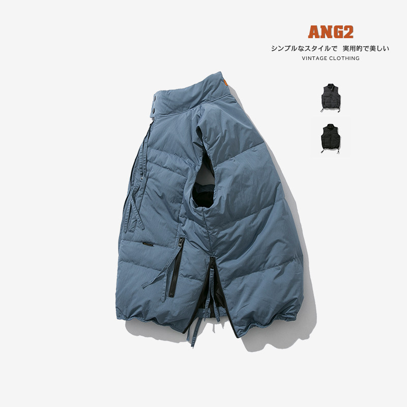 ANG2 ZIPPER SLIT JAPANESE VINTAGE MENS MULTI-POCKET CARGO STAND-UP COLLAR DOWN VEST THERMAL DOWN VEST
