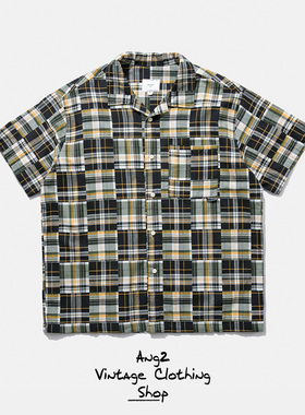 Ang2 Stu 不规则拼接格子 纯棉双层纱 日系古巴领短袖休闲衬衫男