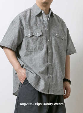 Ang2 Stu 别致口袋 夏季日系棉麻宽松百搭竖条纹休闲短袖衬衫男