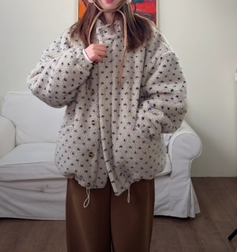 韩系立领爱心波点保暖宽松休闲百搭羊羔毛外套绒绒夹克长袖棉服女