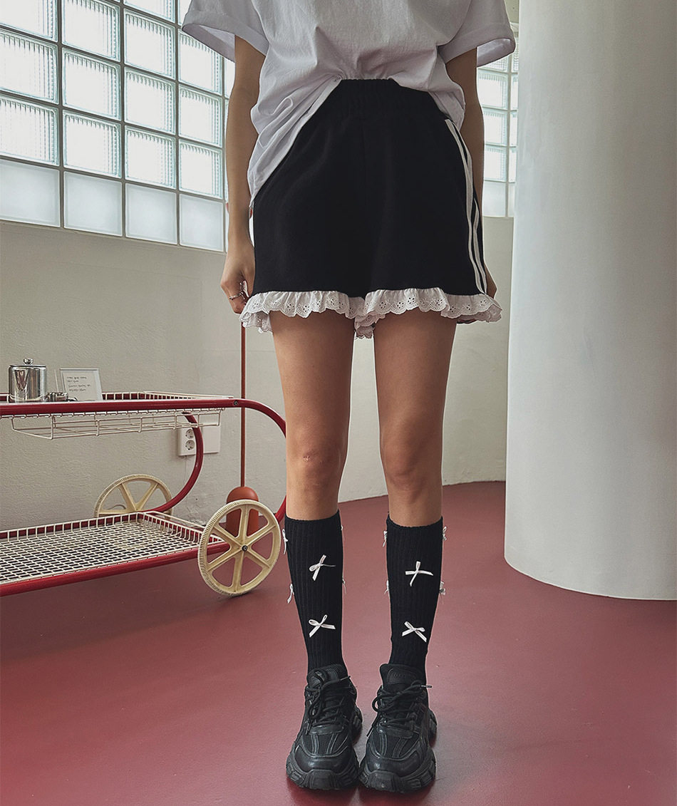 韩式松紧腰短裤打底女俏皮减龄蕾丝花边拼接双杠宽松休闲百搭裤子