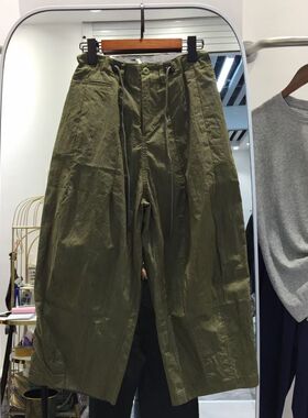 日式复古结构风面口袋裤宽松军绿阔腿九分大胖子也能穿的休闲裤女