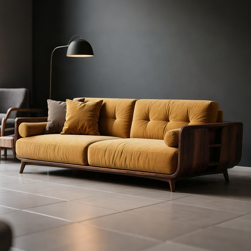 新中式黑胡桃木布艺沙发复古实木简约现代小户型客厅直排冬夏两用