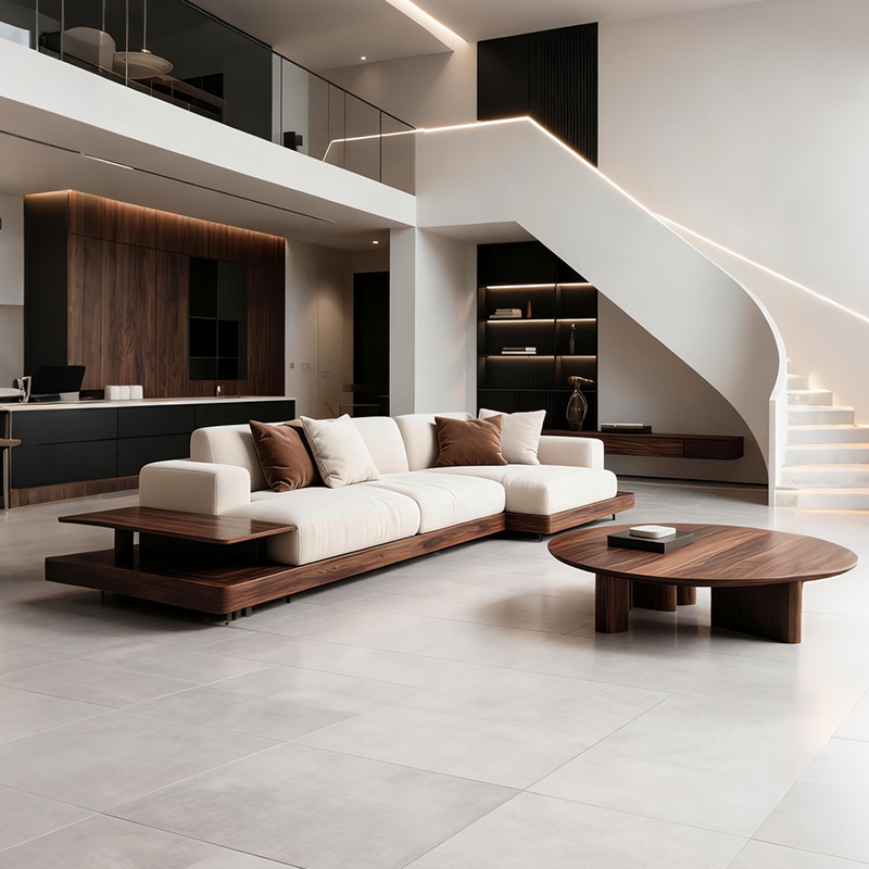 原木风极简贵妃位沙发新中式实木组合客厅家用现代转角布艺沙发