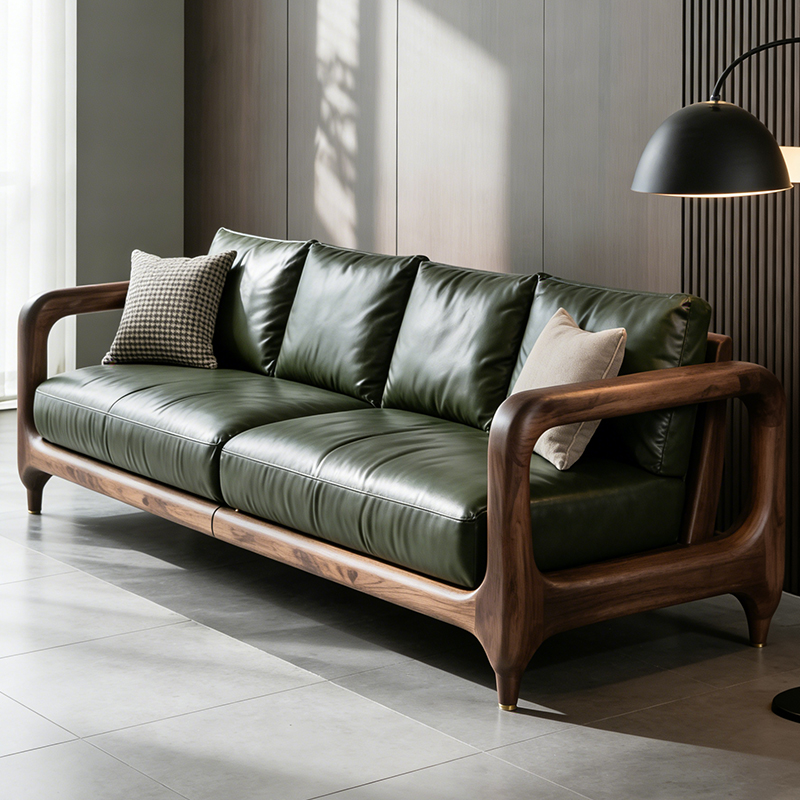 新中式实木沙发客厅意式轻奢真皮直排沙发家用小户型黑胡桃木沙发