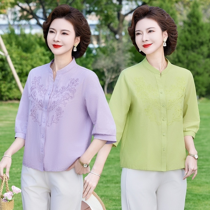 妈妈立领棉麻中袖衬衫女夏季2025年新款时尚休闲T恤苎麻小衫上衣