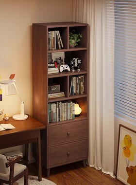 胡桃色实木生态板书架置物架落地卧室多层收纳柜子储物柜转角书柜