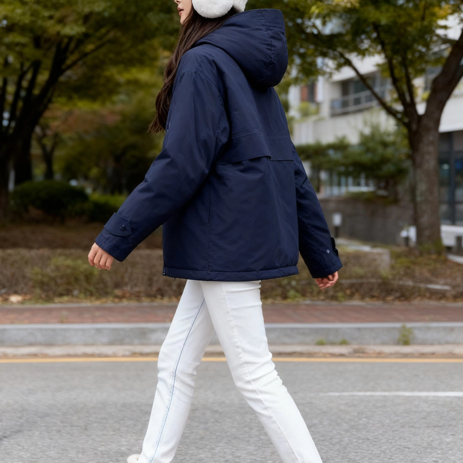 鹅绒保暖风衣外套女冬季新款通勤宽松连帽中长款情侣羽绒服6064