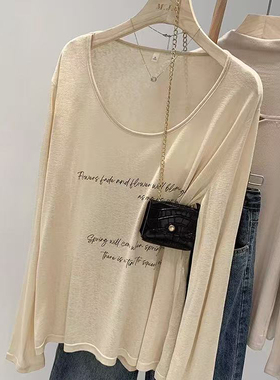 薄款字母印花圆领t恤防晒罩衫女长袖微透视宽松慵懒风上衣个性潮