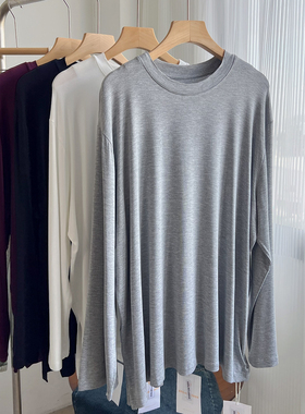 高品质纯色柔软垂感莫代尔中长款T恤女宽松大码打底衫春秋上衣潮