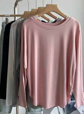 薄款长袖T恤女春夏装韩版圆弧下摆宽松大码莫代尔打底衫上衣垂感