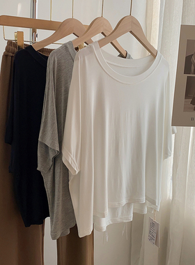 纯欲风短款莫代尔短袖T恤女宽松春夏欧美性感薄舞蹈服瑜伽服罩衫