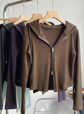坑条连帽拉链开衫卫衣女2025新款春装美式短款显瘦纯色外套女洋气