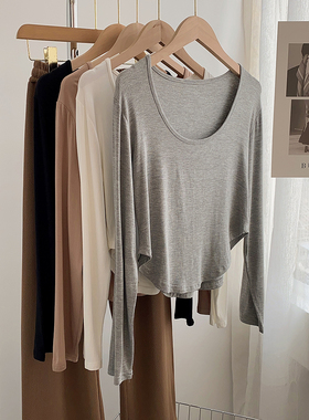 纯欲风垂感柔软短款莫代尔长袖T恤女春夏修身性感露腰舞蹈瑜伽服