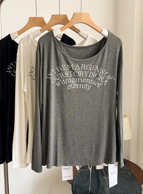大圆领韩版设计感小众字母印花长袖T恤女宽松上衣秋季内搭打底衫