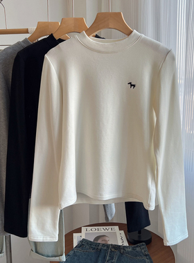 加绒加厚长袖圆领刺绣T恤女修身显瘦百搭上衣简约风格打底衫白色