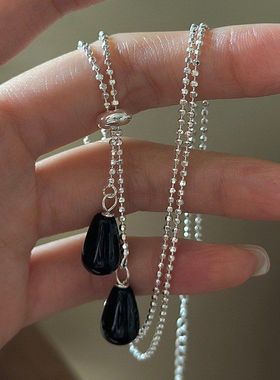 S925纯银韩版小众设计感复古水滴玛瑙项链韩式风时尚个性毛衣链