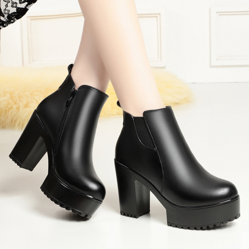 粗跟防水台女士短靴高跟牛皮棉鞋