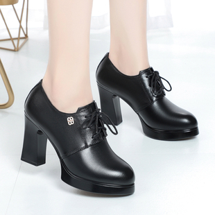 真皮高跟系带工作鞋 女皮鞋 单鞋 43春秋新款 绒毛粗跟高跟深口冬