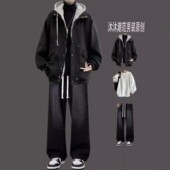 假两件连帽毛呢外套男生套装 秋冬宽松潮流一套搭配港风痞帅三件套