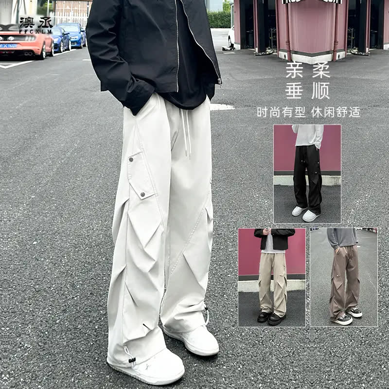 秋冬美式高街褶皱伞兵裤加厚男女同款潮牌宽松百搭休闲裤直筒裤