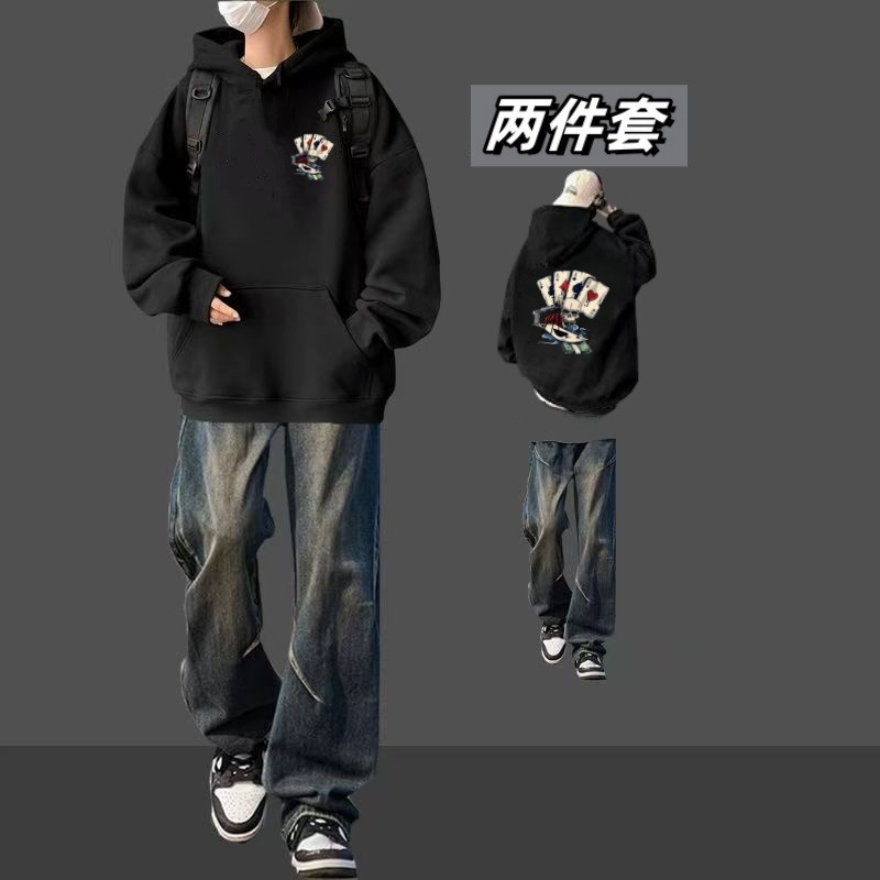 连帽卫衣男生套装秋冬加厚港风帅气二件套搭配牛仔裤休闲学生一套