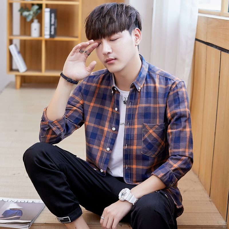 春秋季纯棉潮流格子衬衫男港风休闲百搭长袖外套中青年男装上衣服,男装,衬衫,淘宝优惠券,粉丝福利购,淘宝优惠卷