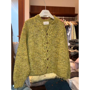 复古文艺风草绿色花纱针织开衫 秋冬宽松显瘦麻花编织毛衣外套