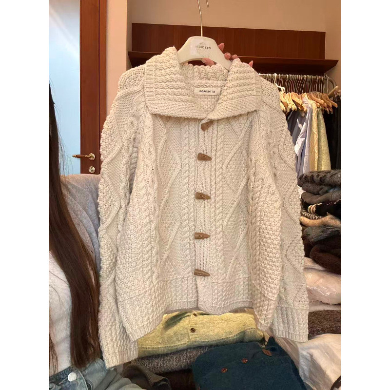 复古学院风麻花针织开衫 女秋冬季慵懒风宽松百搭毛衣外套