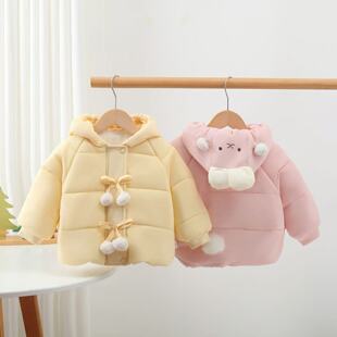 女童冬季加厚棉服可爱兔耳连帽外套中小童毛球宽松保暖棉衣