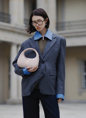 C5高定M式穿搭学院风定织精纺羊毛混纺灰色西装百褶迷你半裙套装