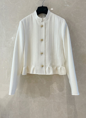 c324秋羊毛混纺腰部立体荷叶边小立领短外套法式优雅高定黑白色