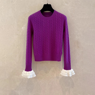C5早春秀场新山羊绒拼马海毛喇叭袖针织衫针织罗马高定紫红黑三色