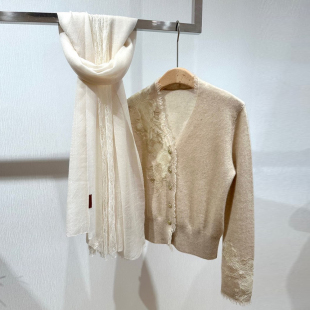 新中式 白色杏色意大利老钱高定 蕾丝百分百山羊绒针织毛边V领开衫