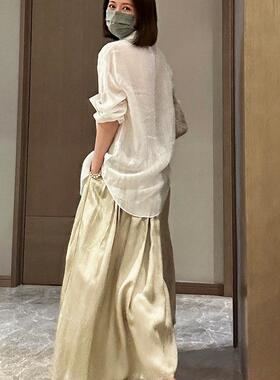 btbstudio  法国手工坊 奶油金遮胯显瘦气质挂松紧腰百褶半裙
