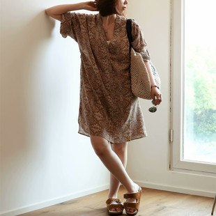 btbstudio 印度古布 香芋蜜瓜配色佩里斯印花V领两穿宽松连衣裙