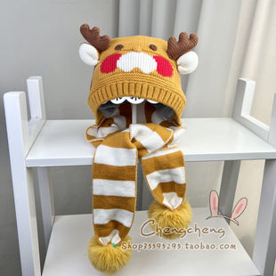 包邮星童坊冬季新款男女宝宝婴儿童圣诞驯鹿保暖围巾一体毛线帽子
