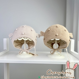 木然良品冬季 男女宝宝婴儿童纯色可爱河豚文艺护耳后开叉毛线帽子