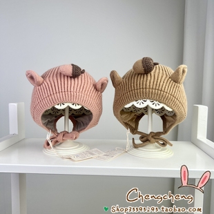 木然良品冬季新款男女宝宝婴儿童可爱文艺松果后开叉护耳毛线帽子