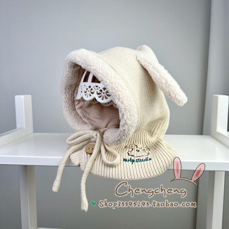 木然良品冬季新男女宝宝婴儿童洋气毛绒兔耳连脖护耳保暖毛线帽子