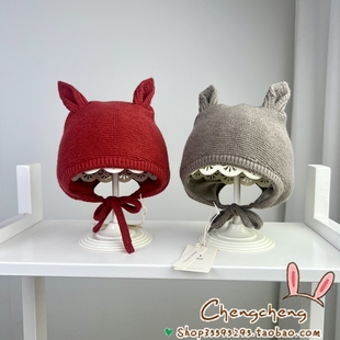 木然良品冬季新男女宝宝婴儿童纯色简洁文艺尖耳连片护耳毛线帽子