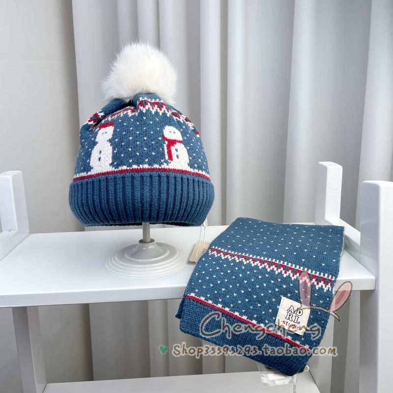 包邮爱的热浪冬季新圣诞节男女宝宝儿童雪人翻边毛线帽子围巾套装