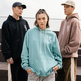 US联邦街牌哥特字体绣花宽松一体绒连帽卫衣秋冬潮牌运动嘻哈街舞