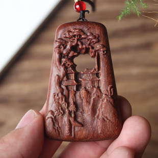 小叶紫檀木雕山水胜境平安无事牌手把件山水牌项链沉香吊坠脖挂件