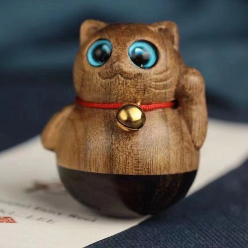 木雕金丝楠不倒翁不倒招财猫黄杨木工艺品摆件创意办公桌手把件玩