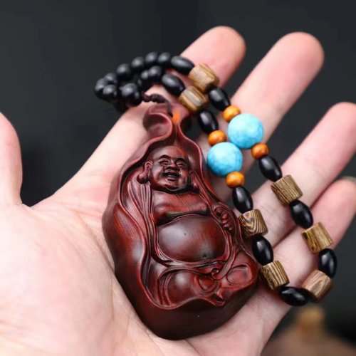 小叶紫檀手把件招财弥勒佛木雕刻男士随身件汽车挂件饰品一团和气