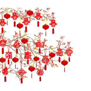 乔迁新居盆景装饰小福字挂件植物挂树上小红灯笼挂饰新年元旦布置