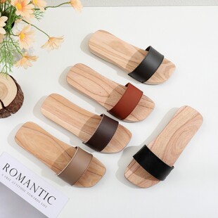 夏季传统复古乡村一字型凉拖现货情侣款粘胶露趾防滑木屐木底拖鞋