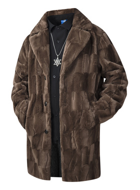 25213跨境专供欧码加长加厚新款西装领子貂绒大衣男长款仿渔貂毛